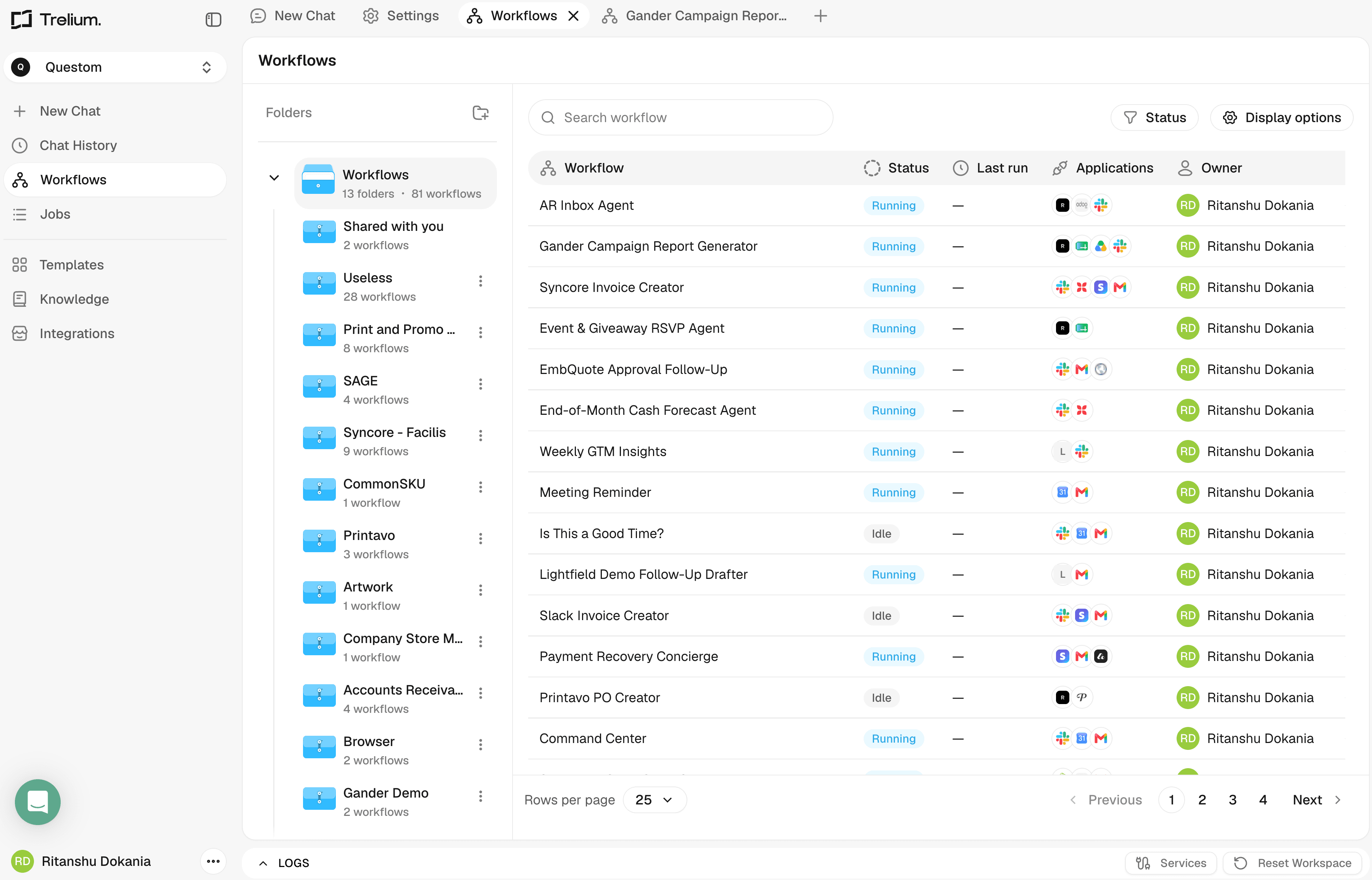 Trelium workflows dashboard with running agents for invoice matching, PO creation, and campaign reports
